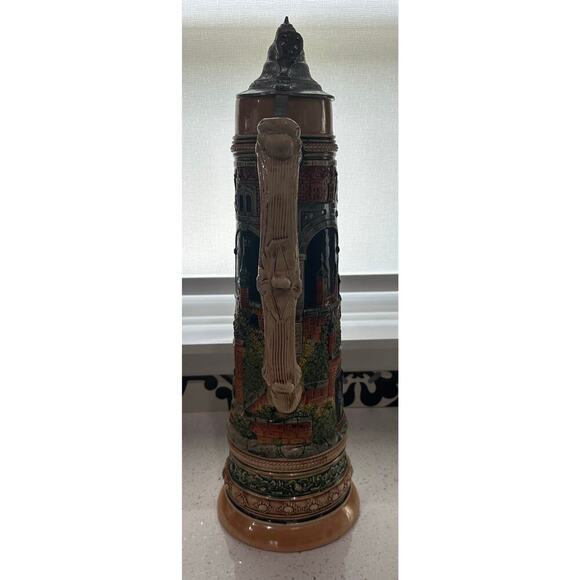 RARE VINTAGE 4 LITER GERZ 22” TALL, "TOWER WITH STROLLING COUPLE" GERMAN STEIN - Picture 2 of 8
